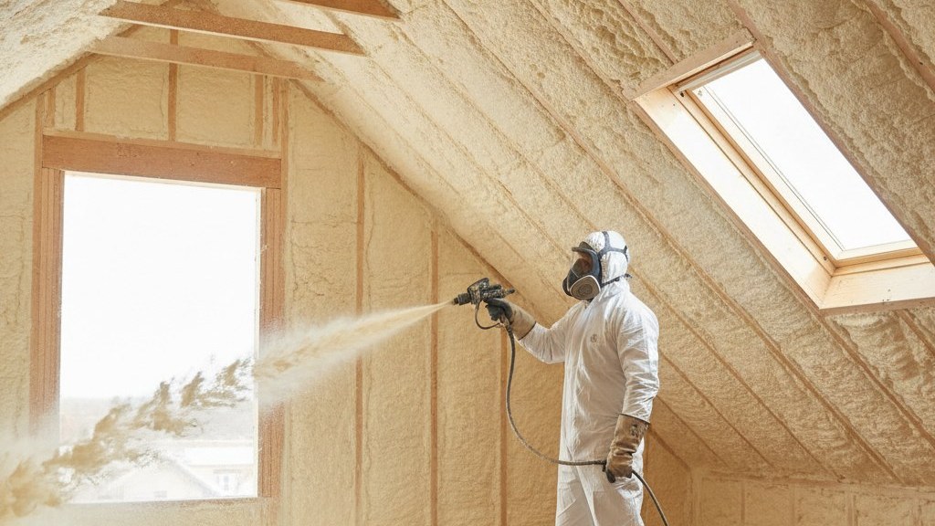 Spray foam applicator using a spray rig during hands-on SPF application training